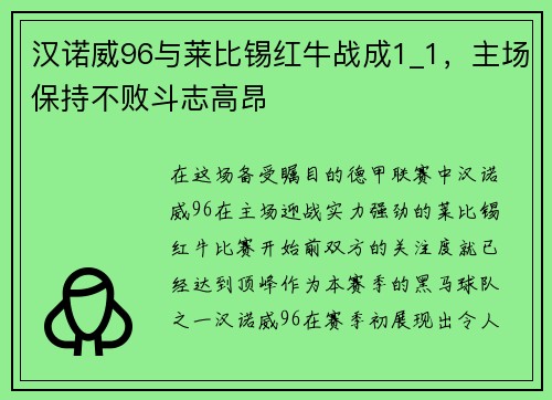 汉诺威96与莱比锡红牛战成1_1，主场保持不败斗志高昂