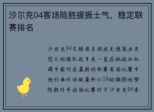 沙尔克04客场险胜提振士气，稳定联赛排名