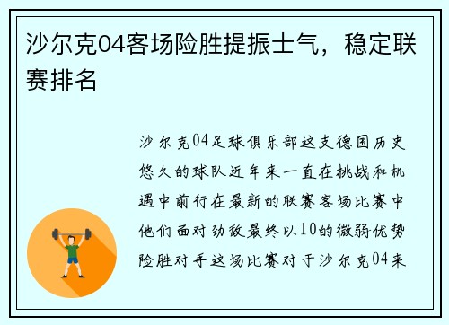 沙尔克04客场险胜提振士气，稳定联赛排名